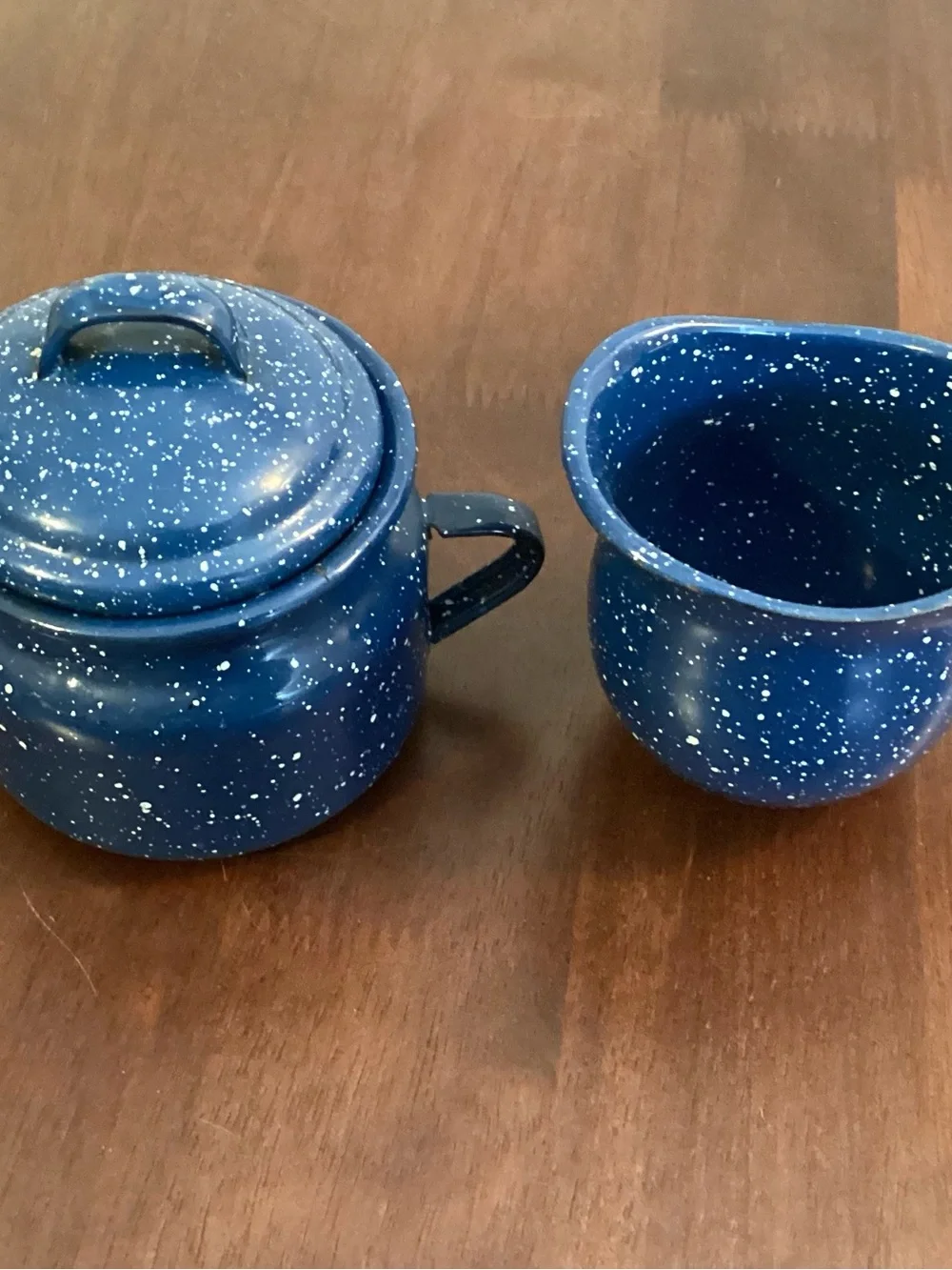 Vtg Blue Speckled Enamelware Sugar & Creamer Set